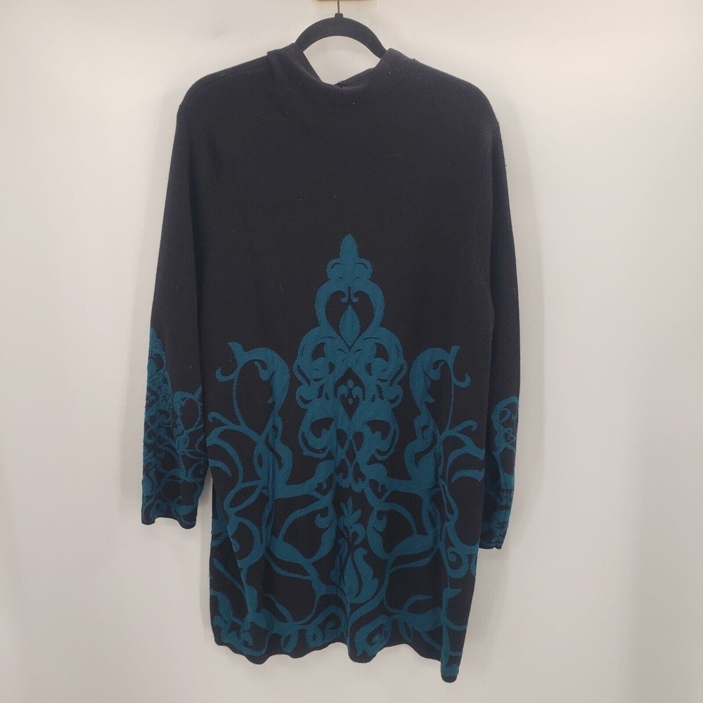 Chico's Scroll Print Sweater Cardigan Womens XL 3 Black Teal Blue Longline Tunic - Picture 11 of 12